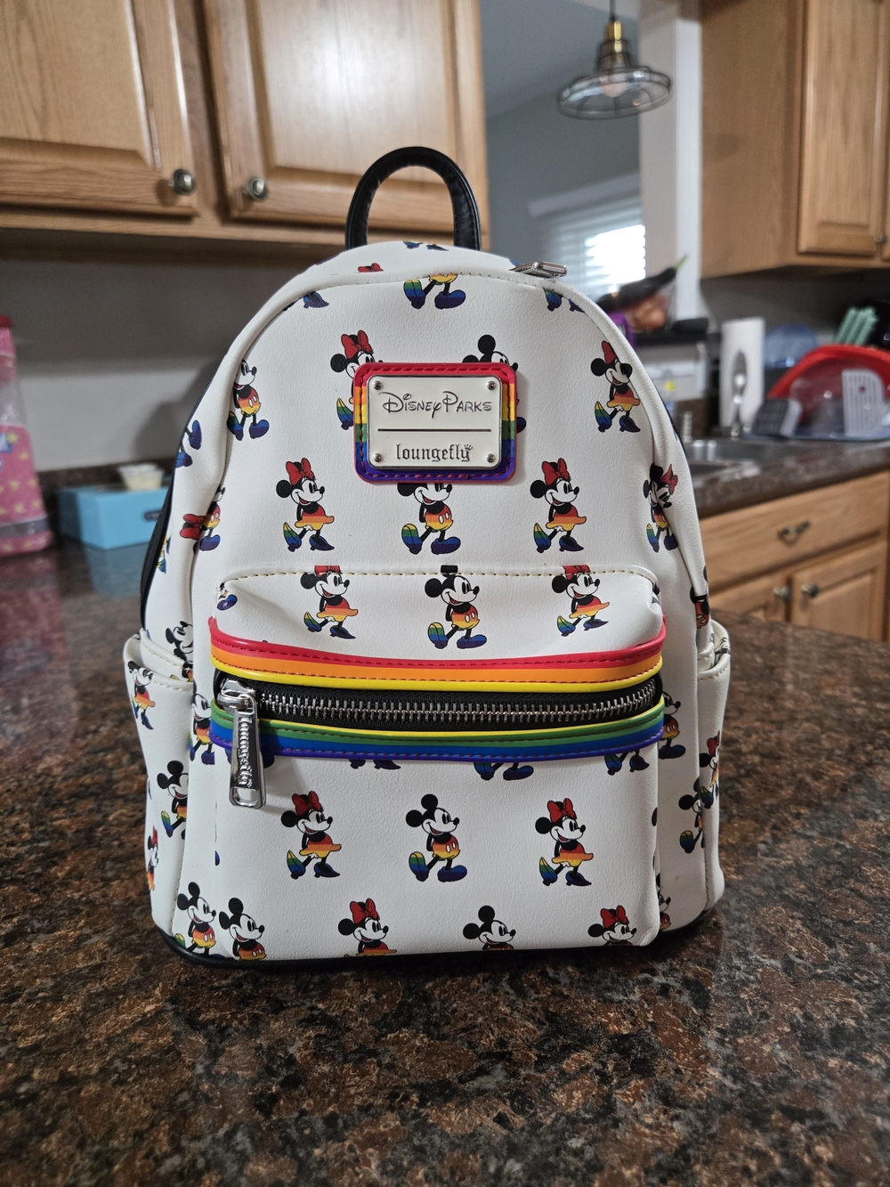 Loungefly Disney White Mini Backpack with Rainbow Zipper & Mickey Pattern